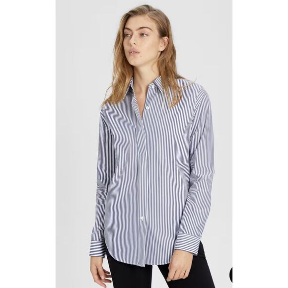 Theory Blue White Striped Essential Button Down Large Collar Shirt cotton top - Picture 4 of 11